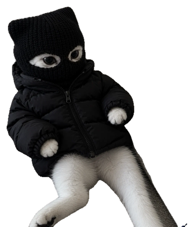 Mimi, a white cat in a black knit balaclava and a zipped black puffer jacket