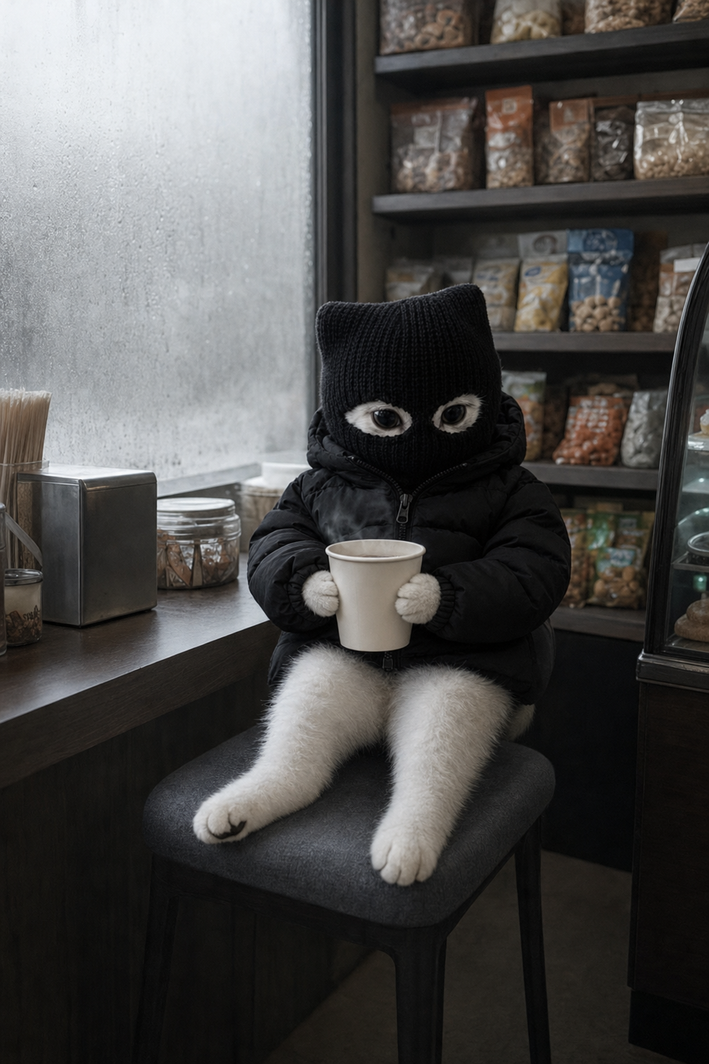 Mimi on a stool in a corner shop, holding a steaming paper cup