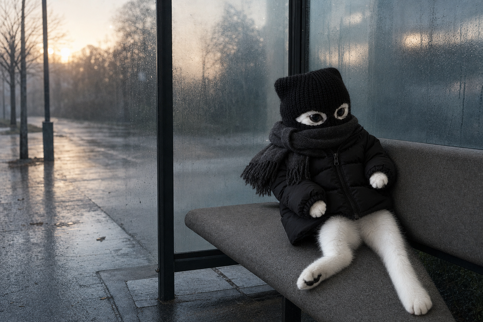 Mimi in a scarf sitting alone at a rainy bus shelter at dusk