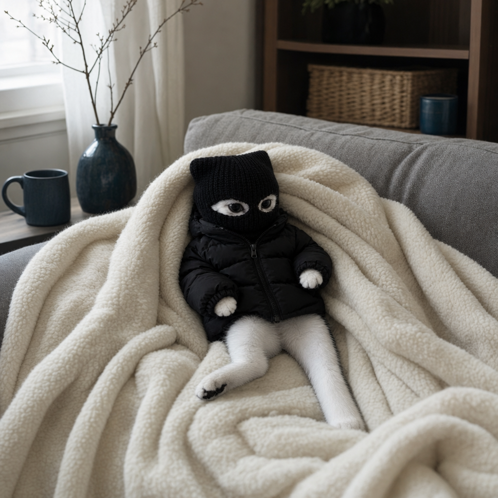 Mimi lying in the center of a cream sherpa blanket on the couch